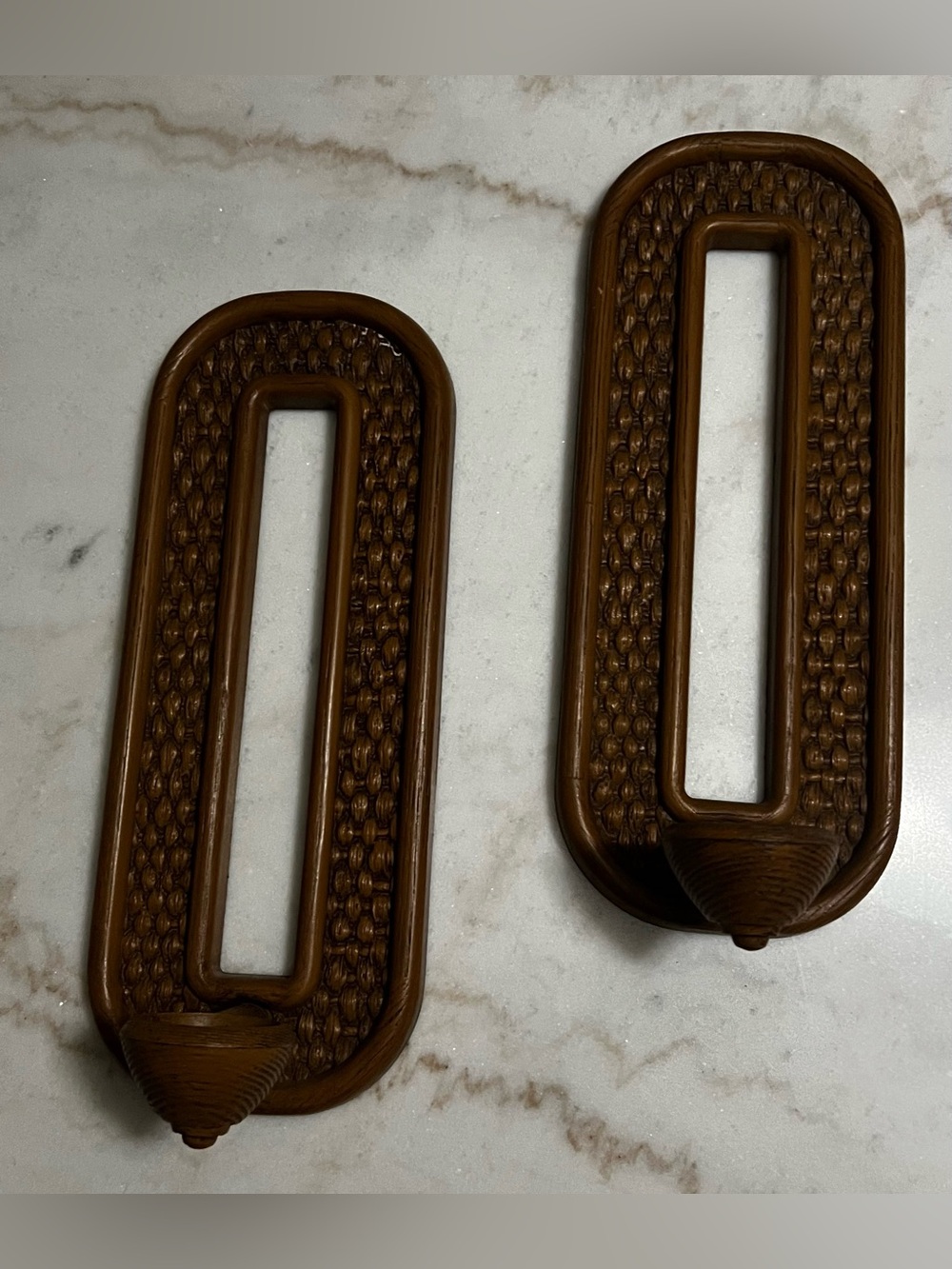 Vintage 1970’s MCM Syroco Faux Rattan Brown Plastic Wall Sconces Set Of Two